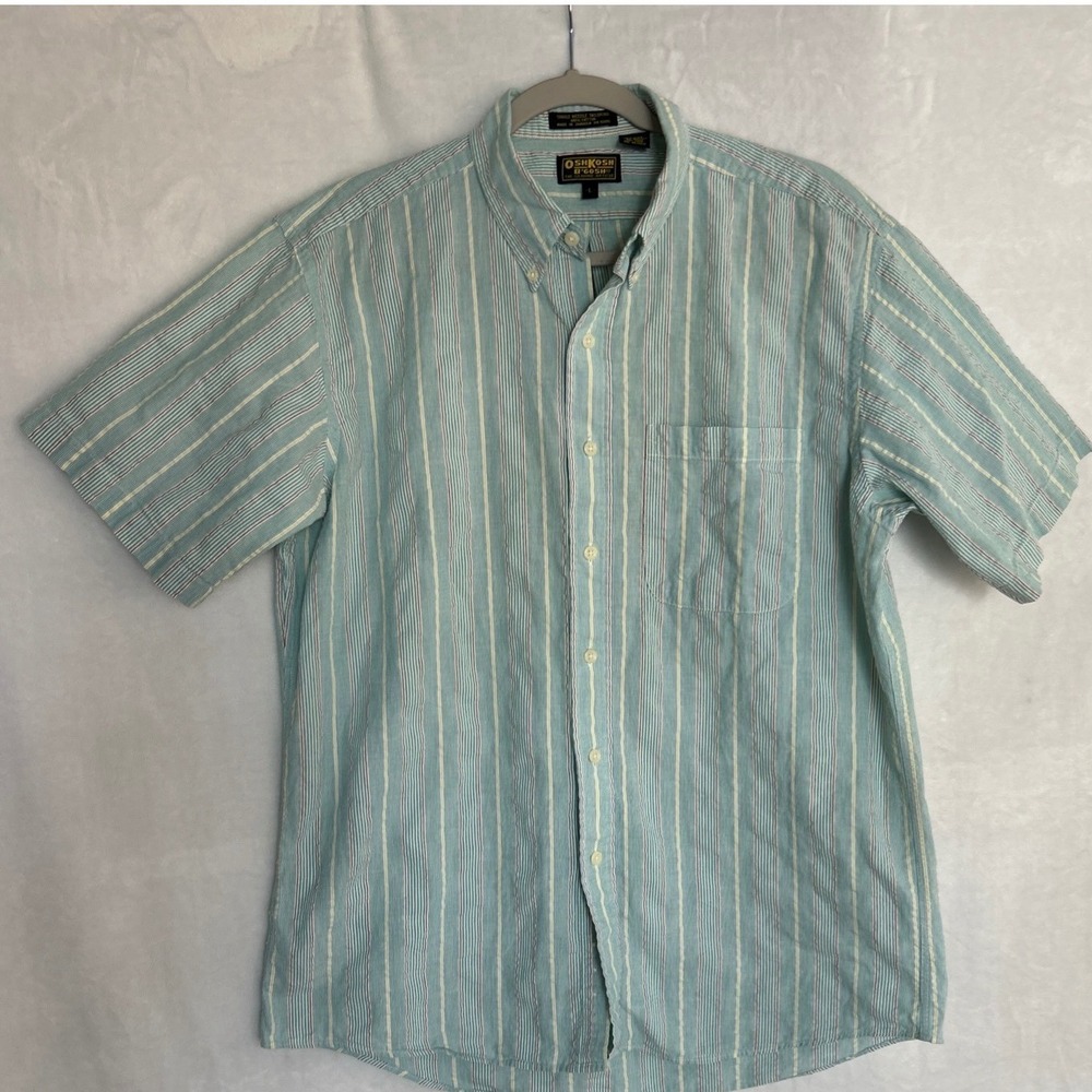 Osh Kosh Seersucker Camp Shirt Mens L Striped Short Sleeve Cotton Casual Preppy